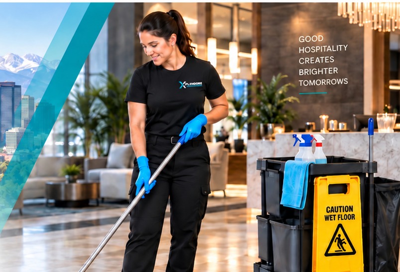 Xplendore cleaning professional mopping a bright hotel lobby in Denver