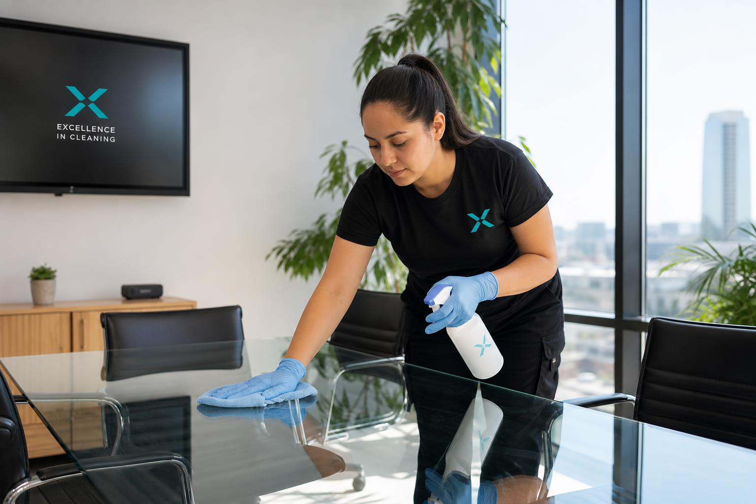 Xplendore cleaner wiping a kitchen countertop in a bright Denver apartment