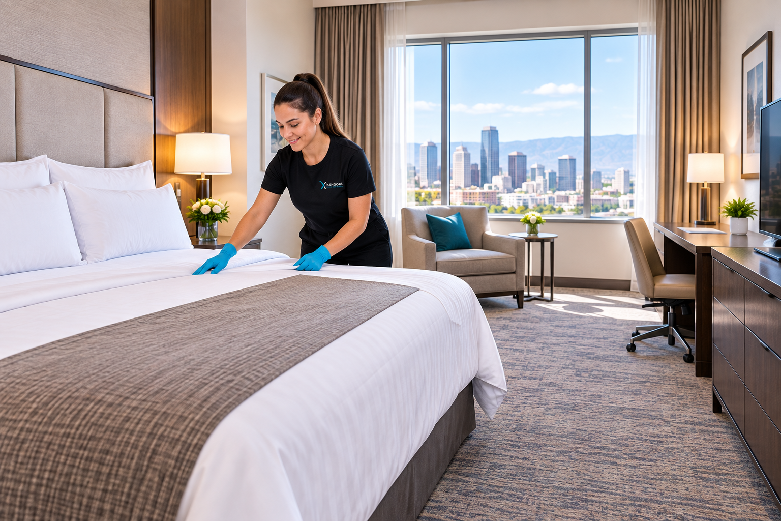 Xplendore housekeeper making a bed in a bright bedroom