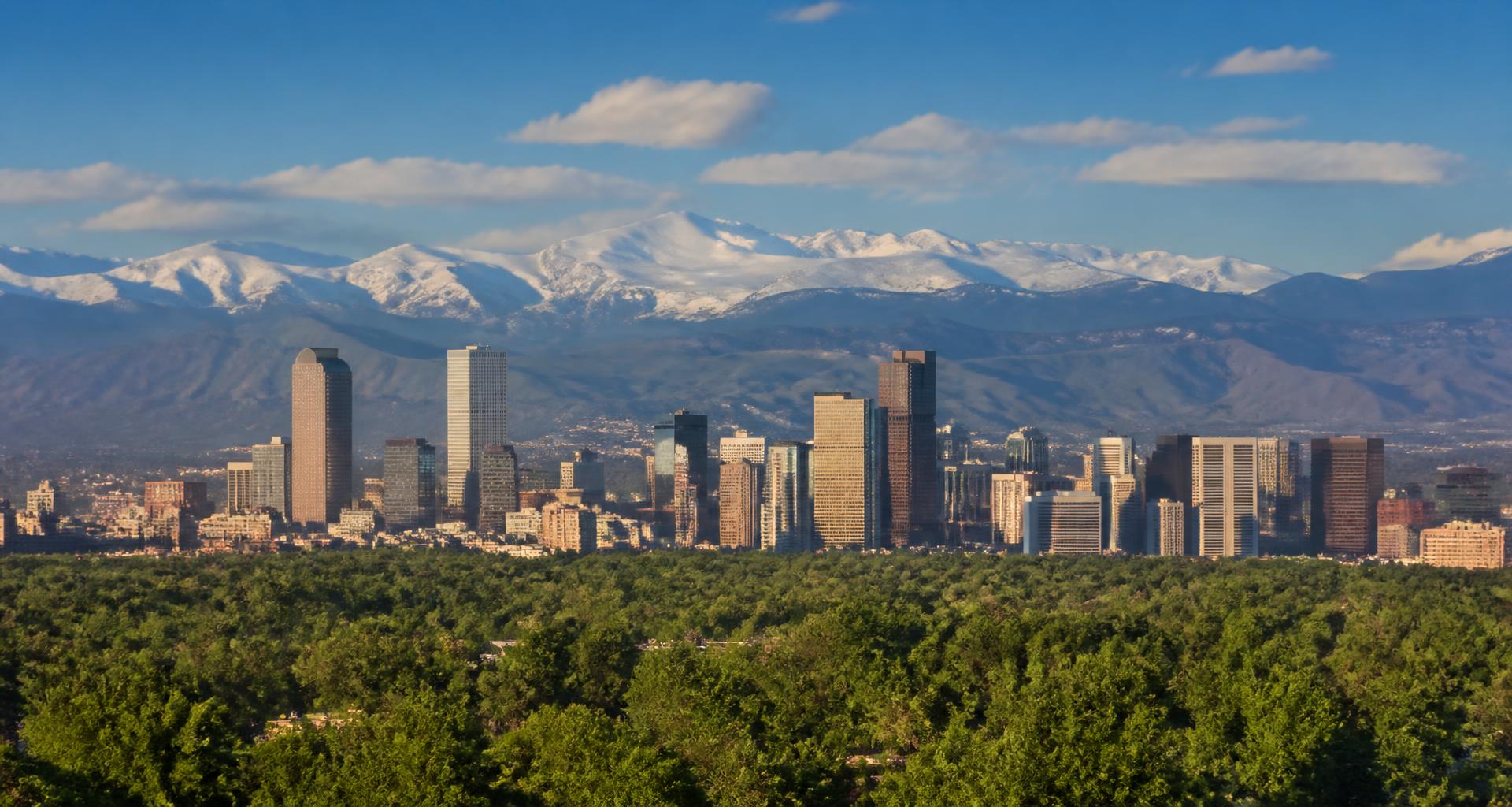 Denver skyline with the Rocky Mountains