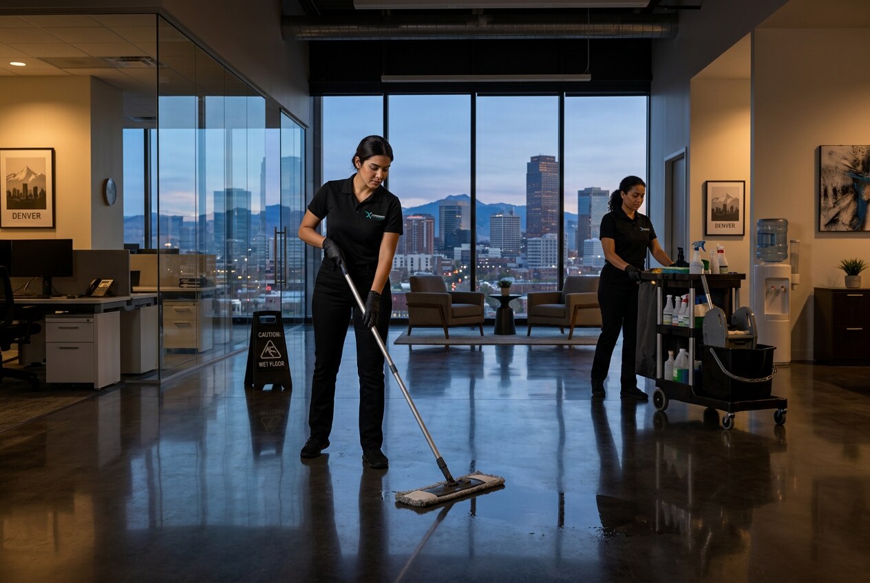 Commercial cleaning crew servicing a modern office at dusk