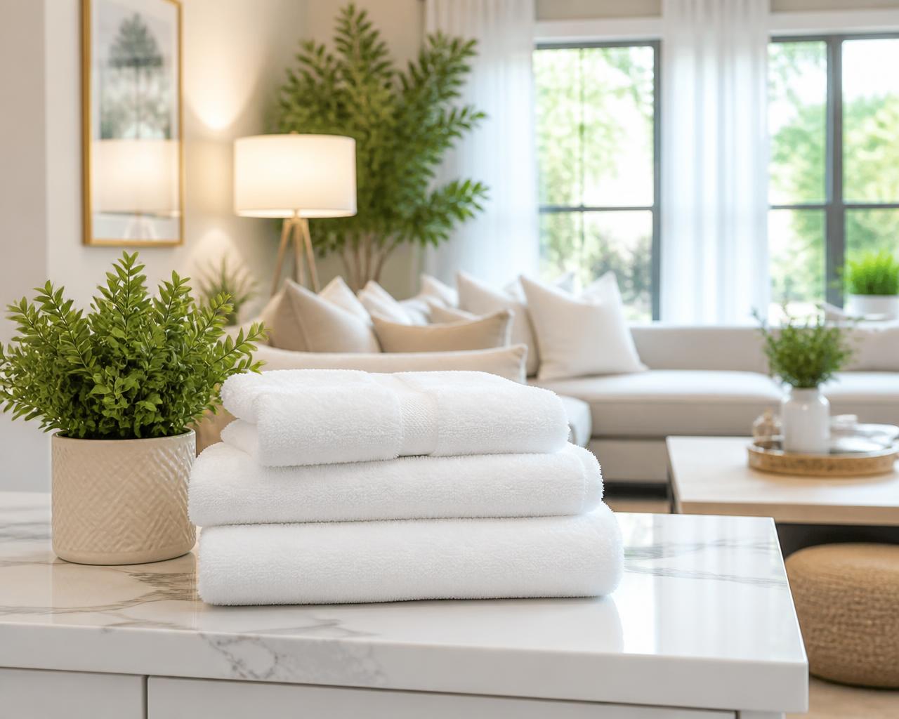 Freshly cleaned living space with folded white towels