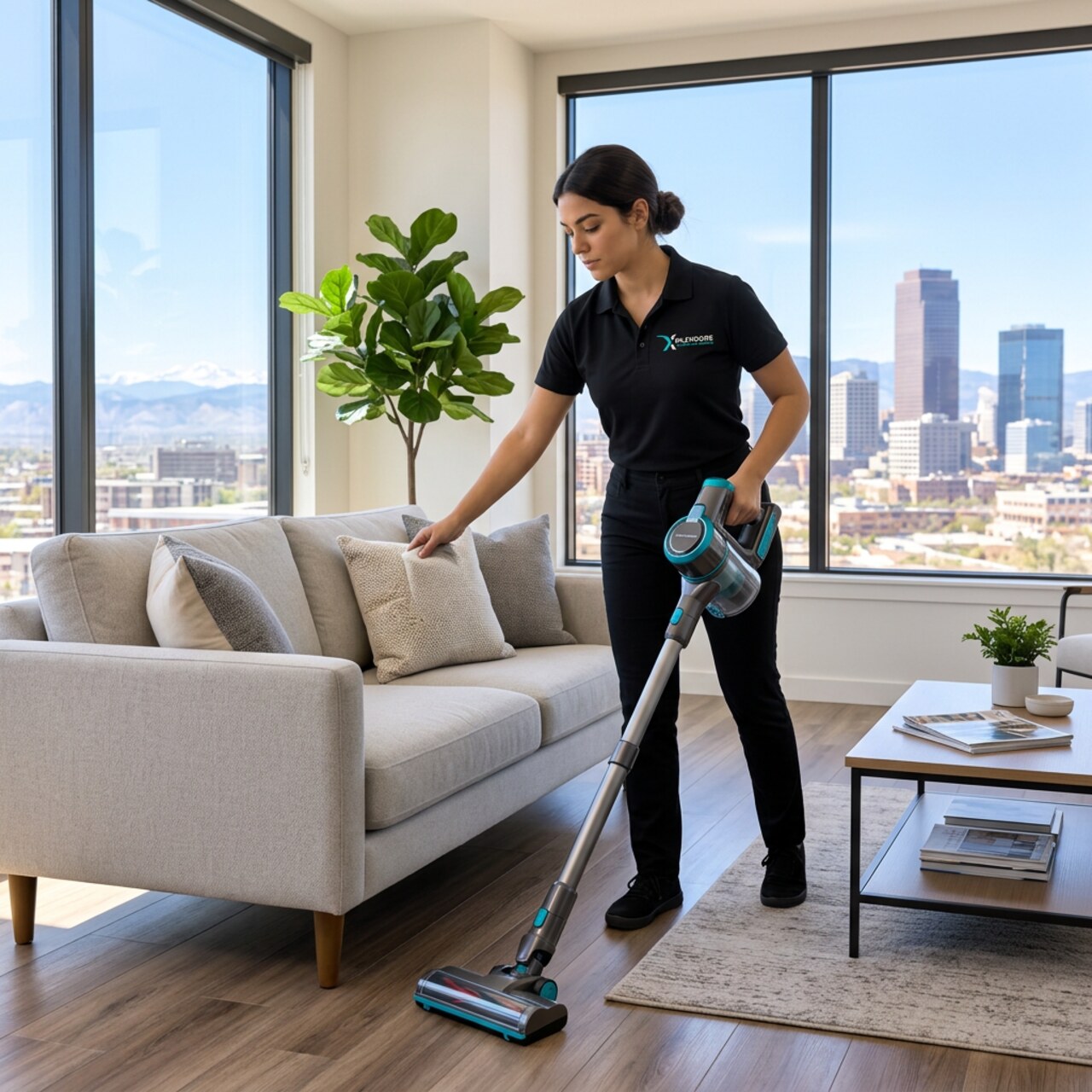 Xplendore cleaner finishing a bright, freshly cleaned living room
